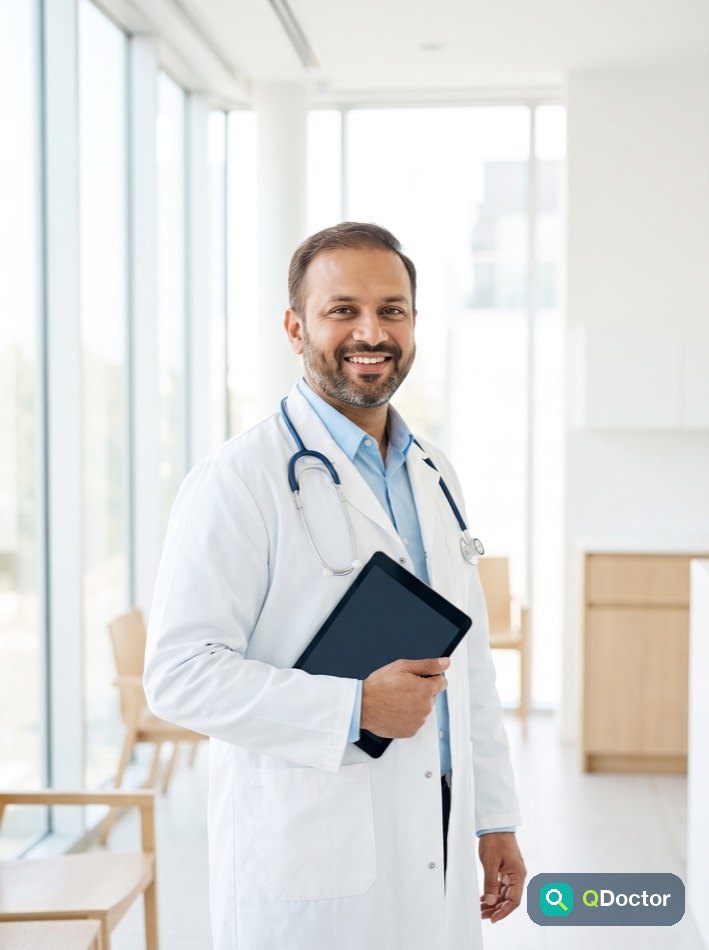 A verified doctor going live on QDoctor from a bright modern clinic