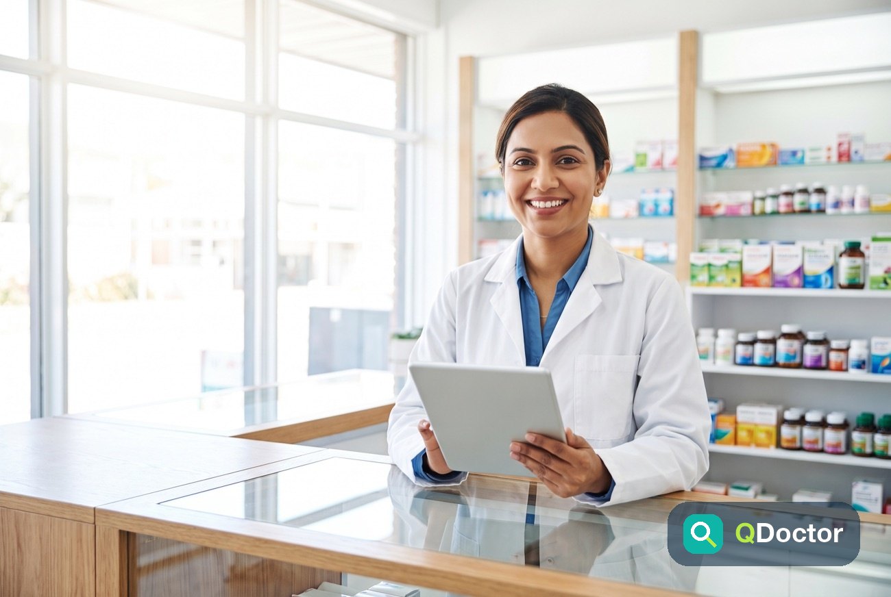 A pharmacist managing the live token queue on a tablet at a QDoctor partner pharmacy