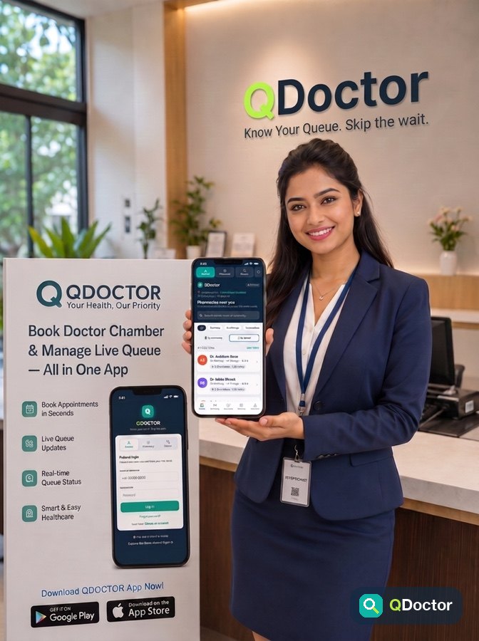 QDoctor app — book a doctor's chamber and manage the live queue on your phone