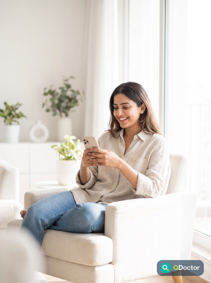 A woman relaxing at home while tracking her live queue serial on QDoctor